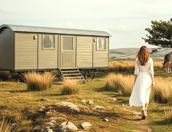 girl walking towards hut lowres